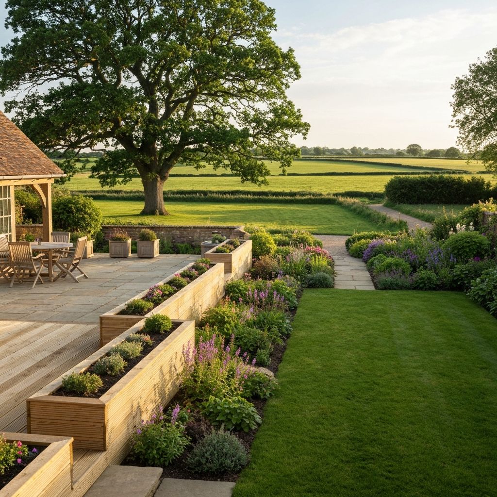 Beautiful landscaped garden with decking and planting in Norfolk