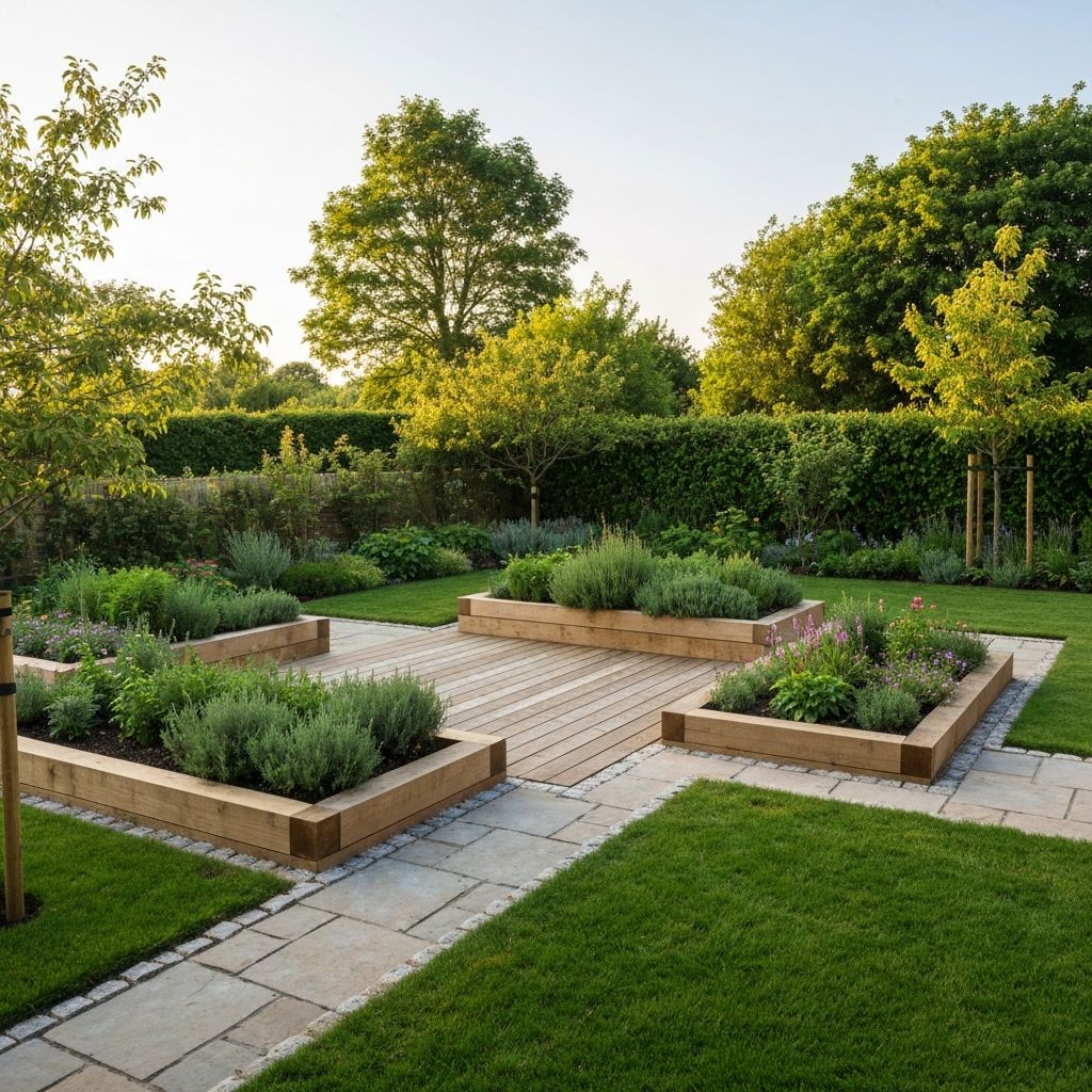 Beautifully landscaped garden with timber decking and planted borders